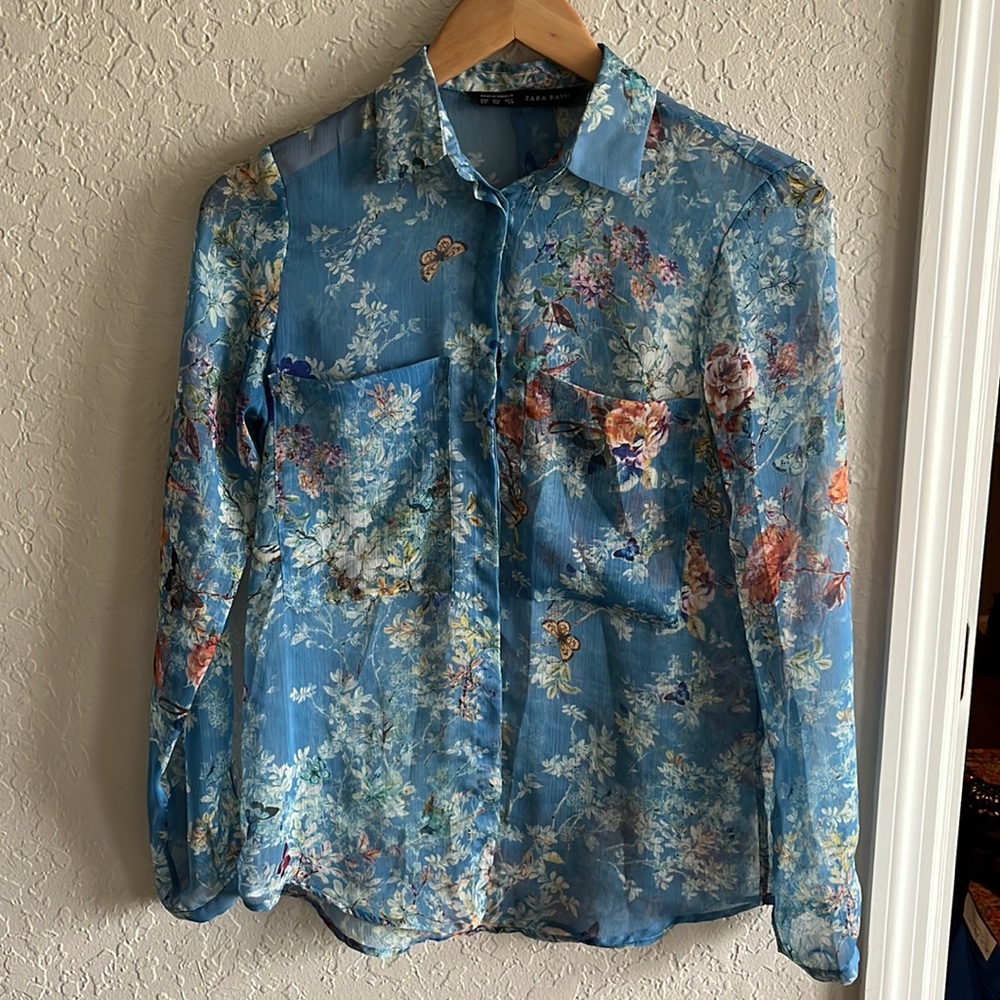 Zara Basic sheer butterfly floral blouse